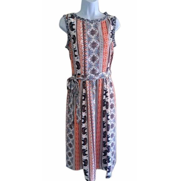 eShakti Wayward Fancies Dress Womens Sz 8 M Crepe Elephant Orange Sleeveless - Picture 3 of 13